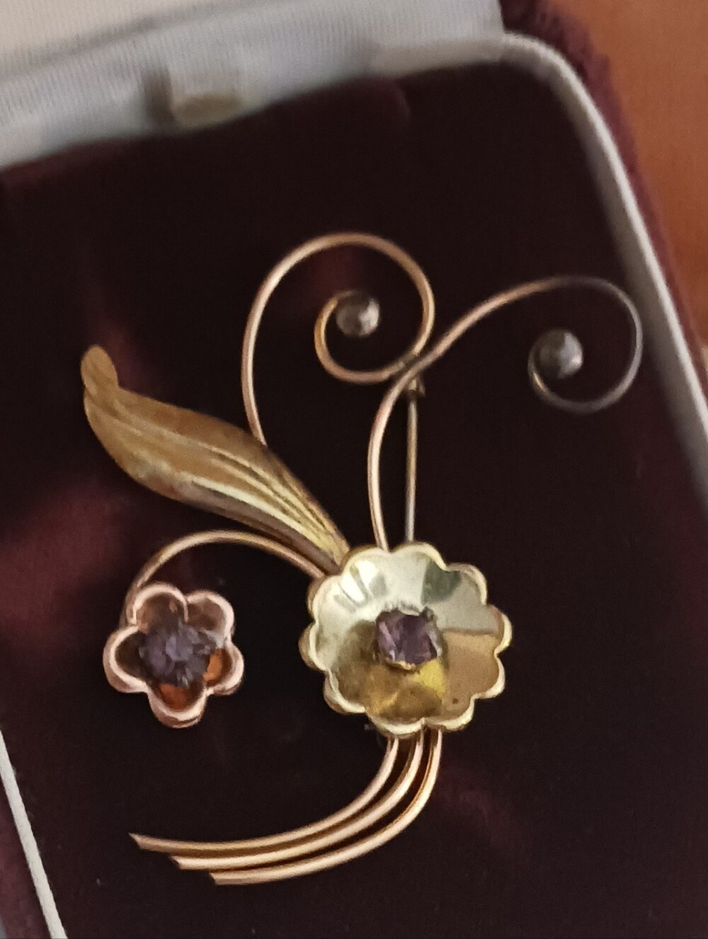 Harry Iskin 12k GF Brooch Vintage 40s Floral Spray with Amethyst Crystal Accents